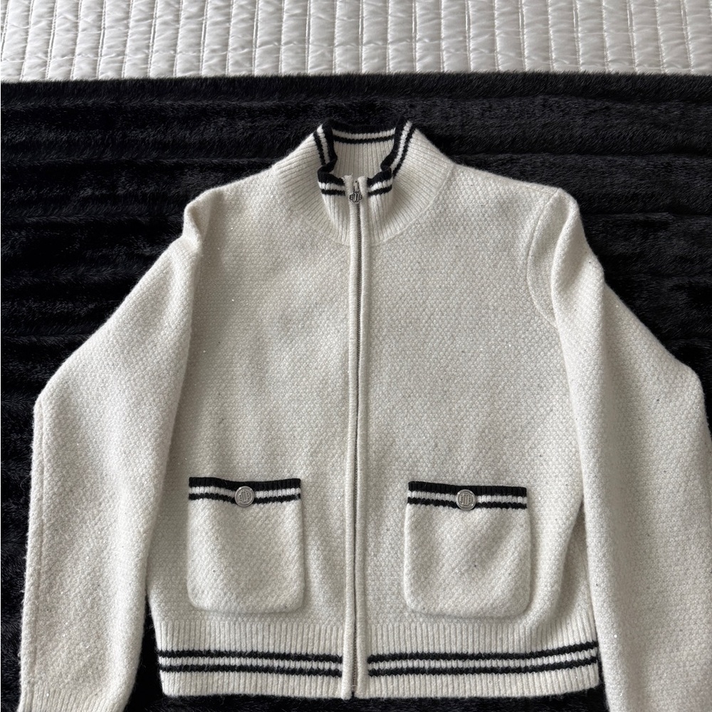 Maje Ivory Zip Cardigan Jacket Black Trim Size 3